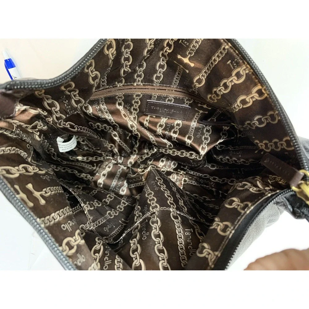 Tignanello Handbag Black Leather Hobo Shoulder‎ Purse Brown Trim Western Braided